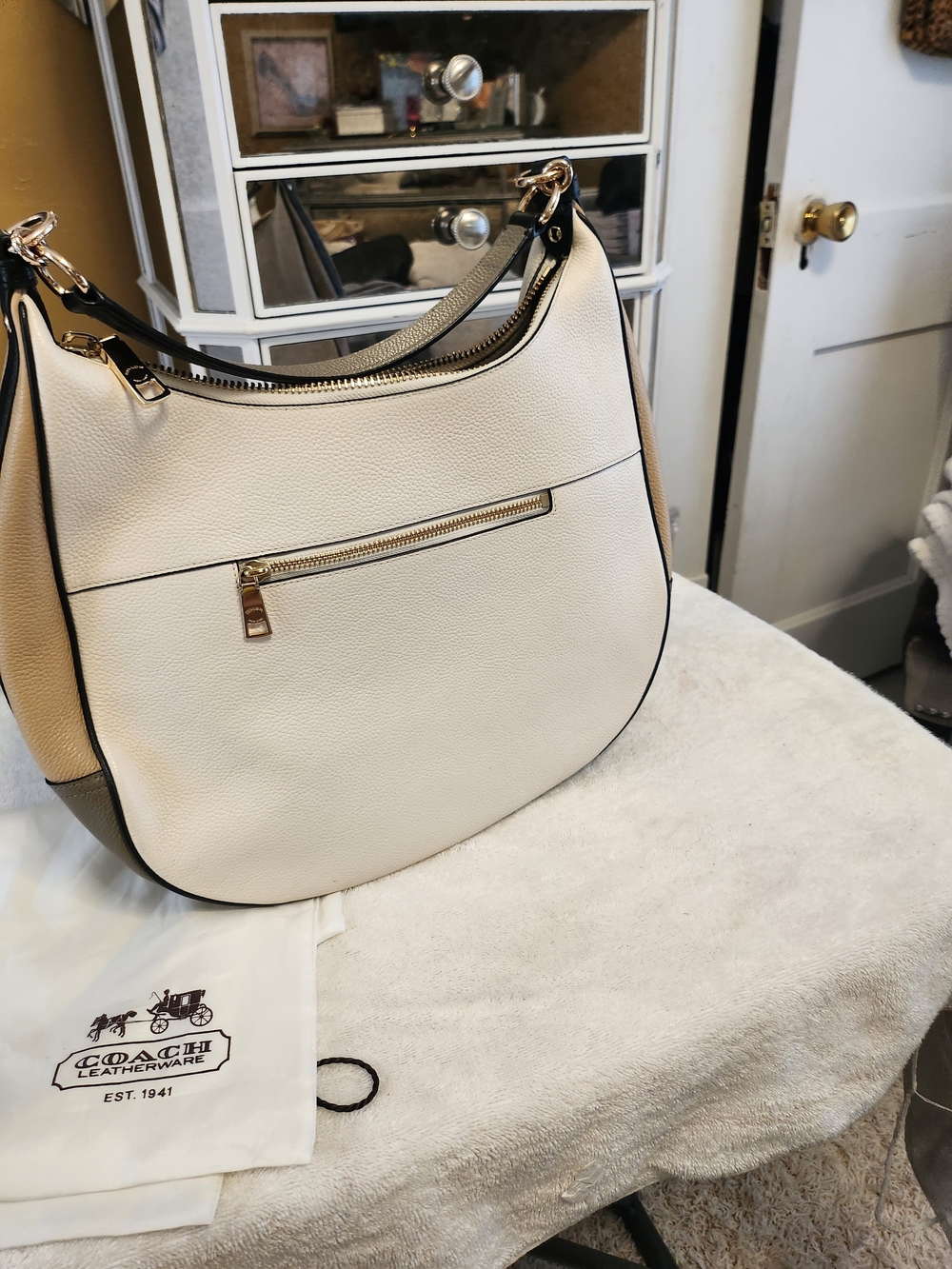 Coach Cream and Tan Pebbled Leather Hobo with Gold Hardware and Black Trim - Picture 2 of 6
